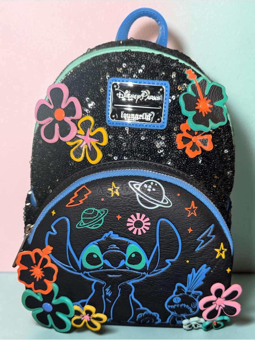 Loungefly Disney Parks Black Sequin Stitch Floral Space Mini Backpack